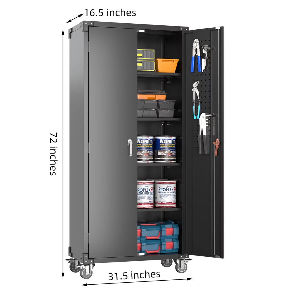 Black Metal Storage Cabinet with Wheels and Pegboard I127