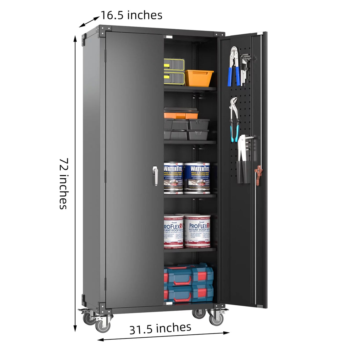 Black Metal Storage Cabinet with Wheels and Pegboard I127