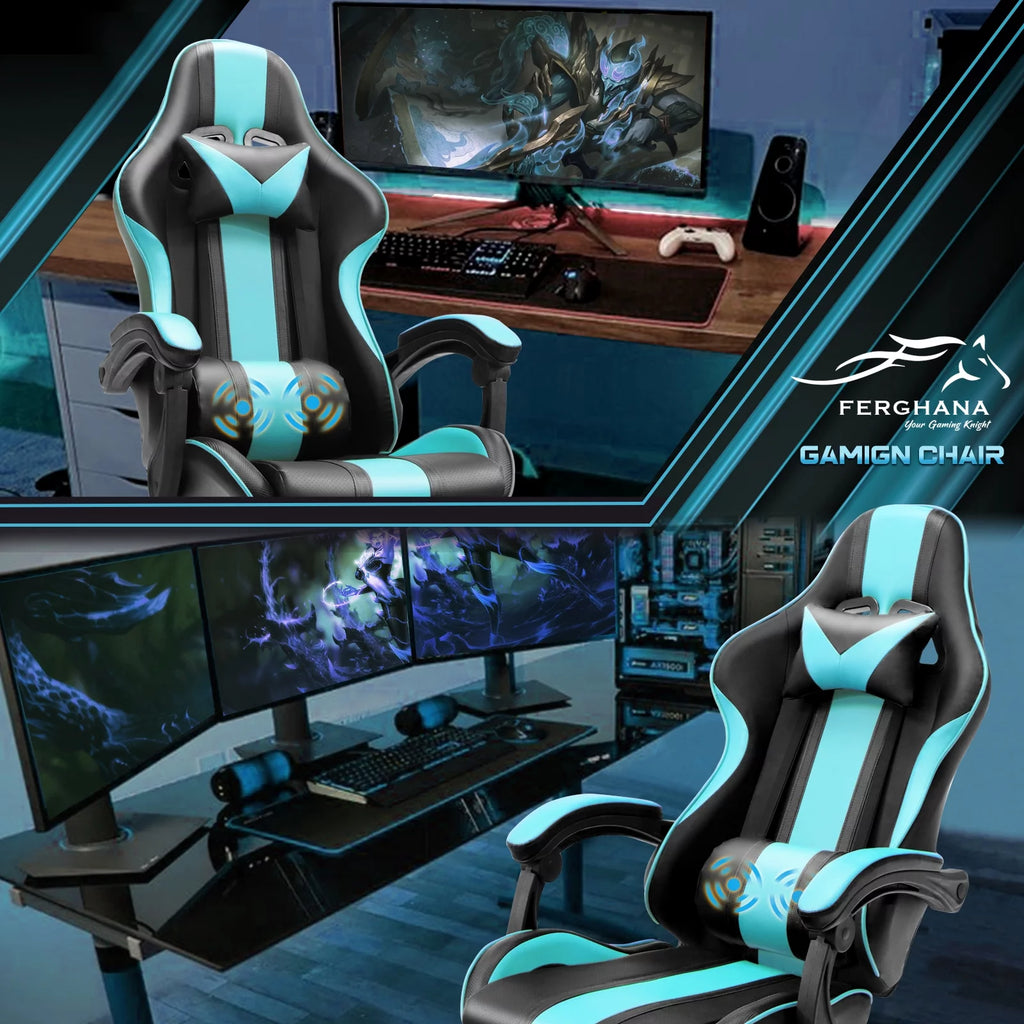 Blue Gaming Chair with Footrest & Massage Lumbar Pillow U258026