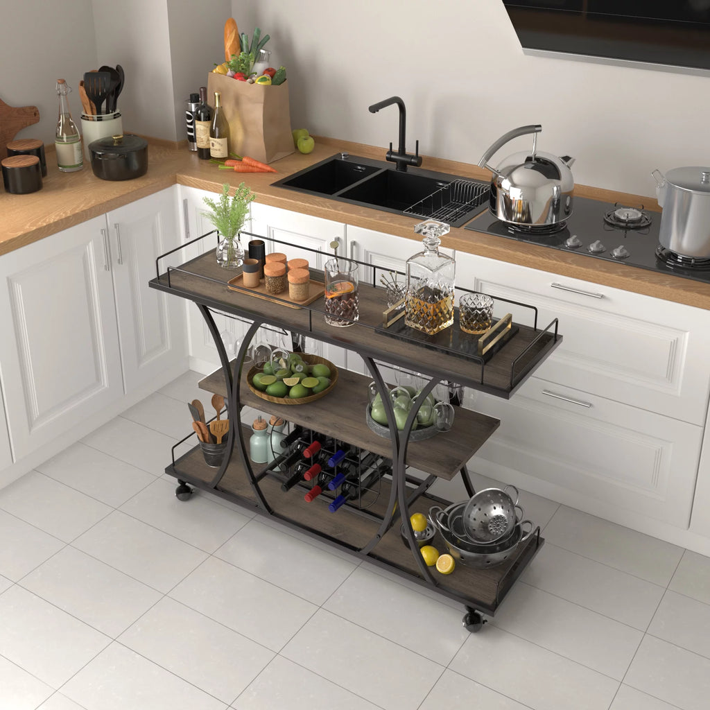 3 Tier Rolling Bar Cart with Wine Rack and Glass Holder Y515986