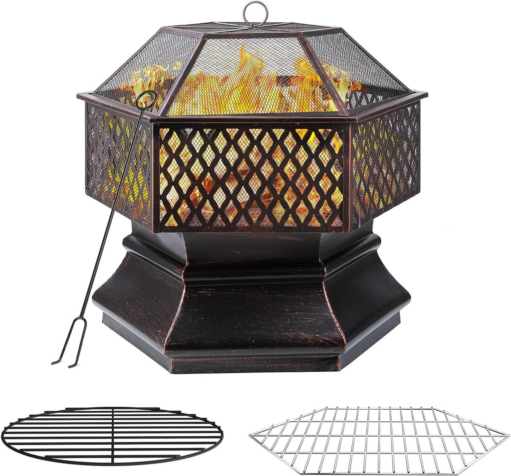 28'' Hex Shaped Steel Wood Burning Fire Pit with Spark Screen & Fire Poker L63982