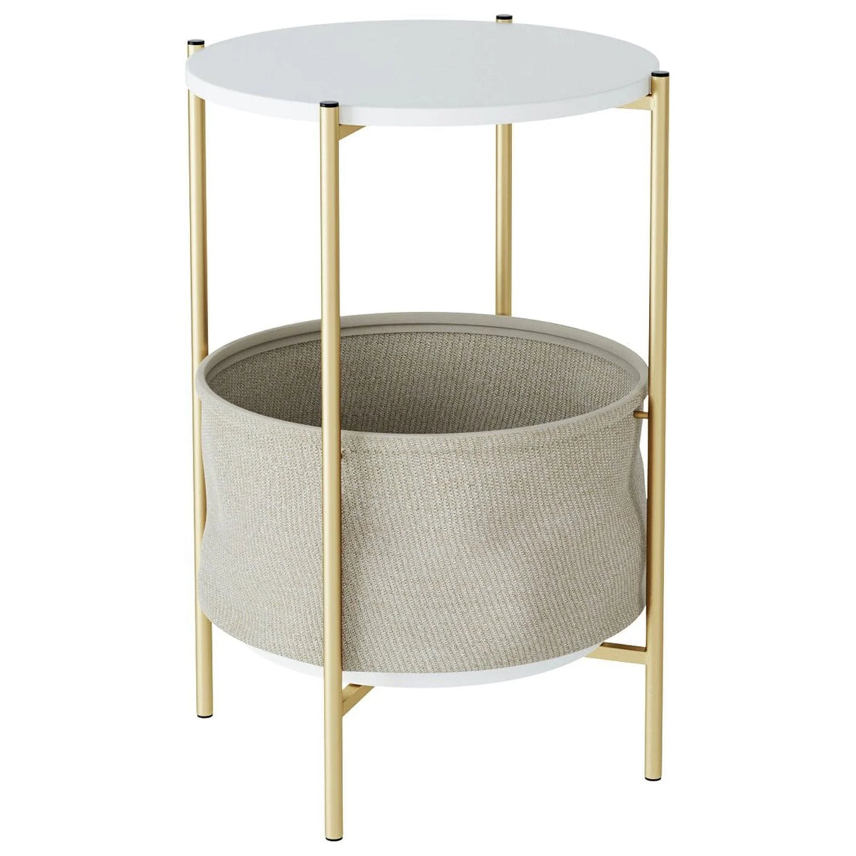 White and Gold Round Nightstand with Storage Pocket R93804