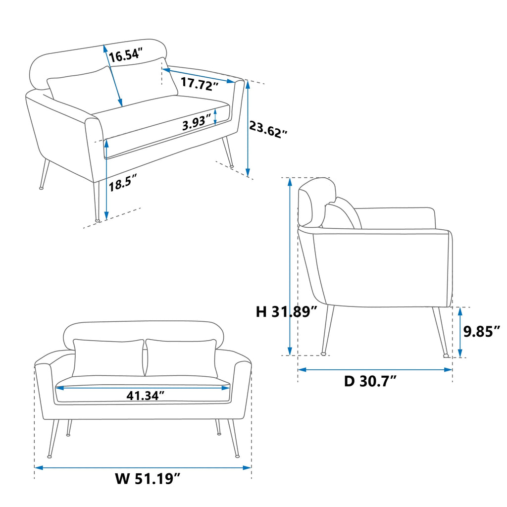 Mid Century Modern Chenille Two-Seater Sofa with 2 Throw Pillows A710419