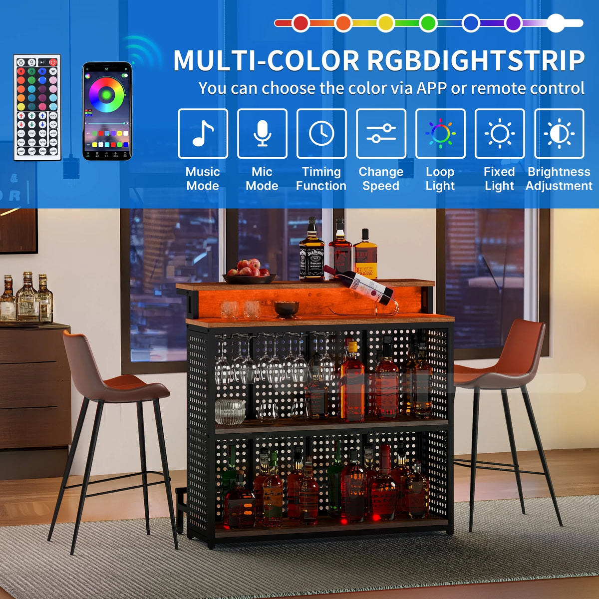 4 Tier Bar Unit with LED Lights and Stemware Rack Y75282