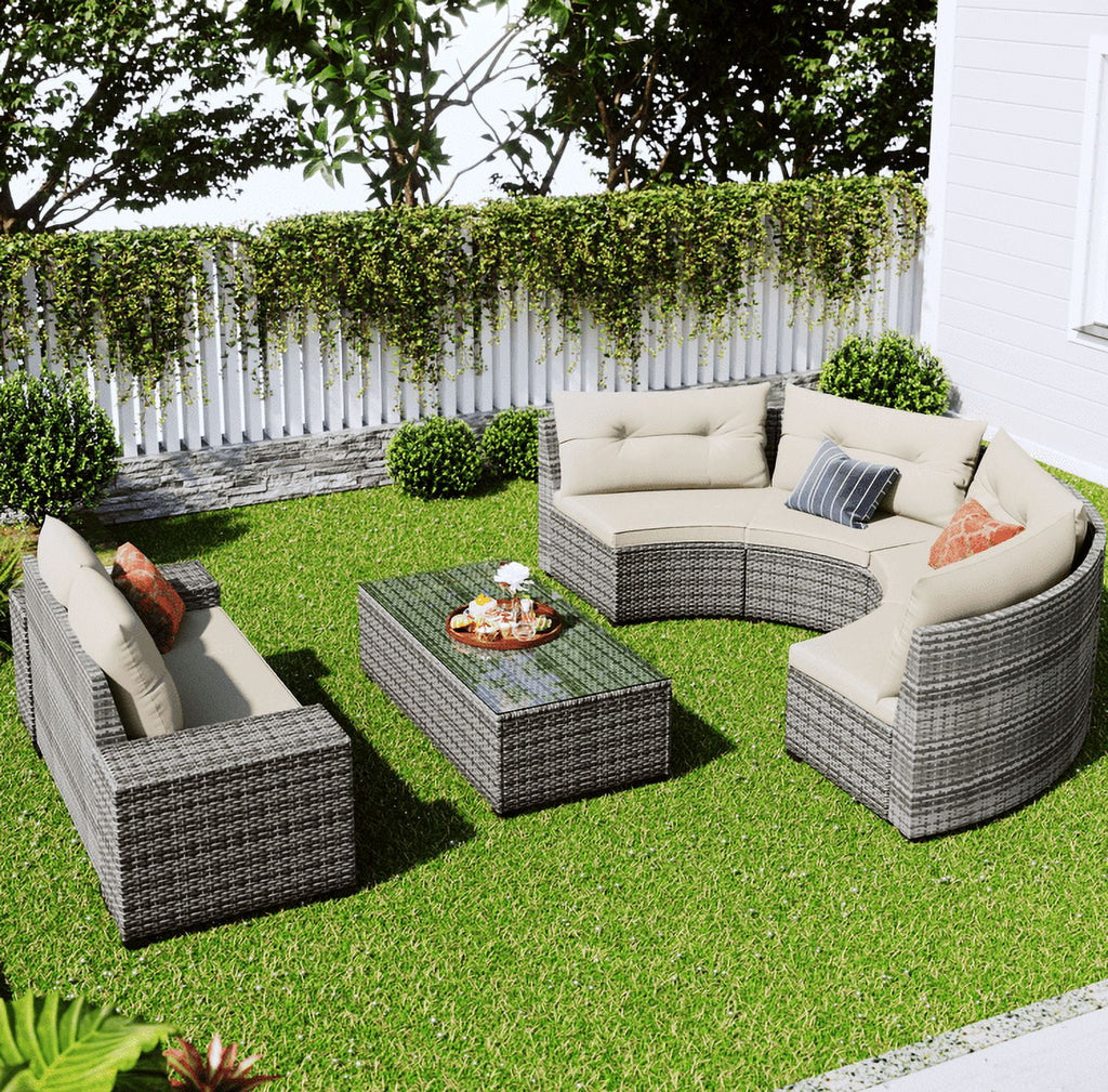 8 Pieces Beige Wicker Sofa Set with Glass Coffee Table Y387