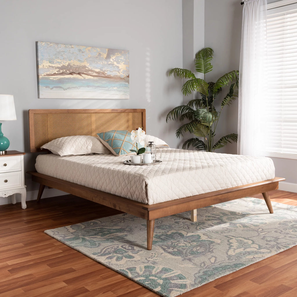 Walnut Brown Wood and Synthetic Rattan Queen Size Platform Bed N40565