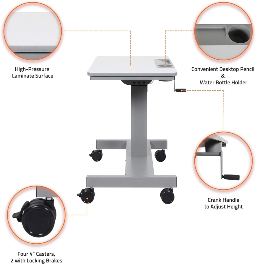 Height Adjustable Sit Stand Desk with Crank Handle and Pencil, Water Bottle Holder T480009