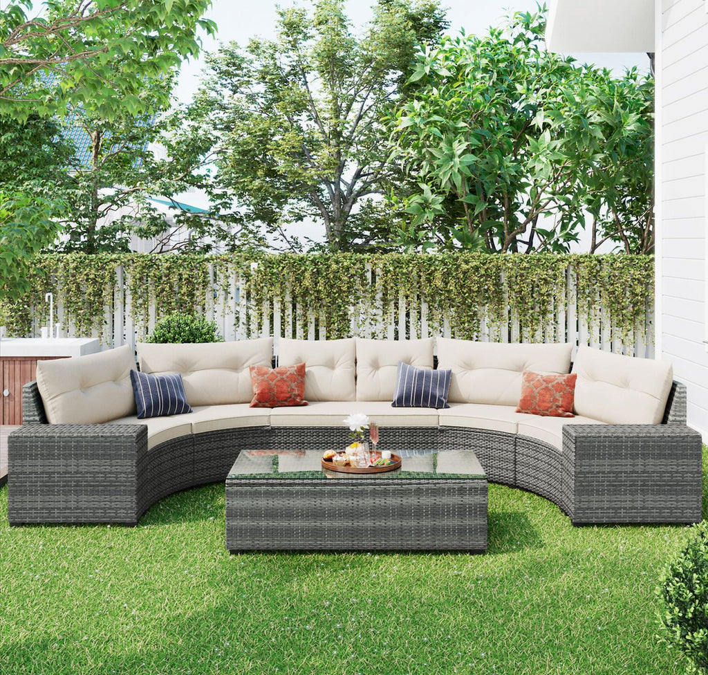 8 Pieces Beige Wicker Sofa Set with Glass Coffee Table Y387