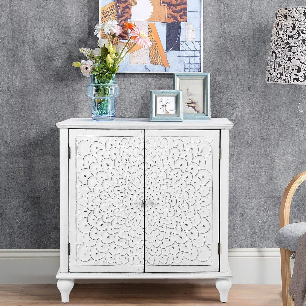 2-Door Retro Storage Cabinet with Carved Finch Feather Pattern White A99397
