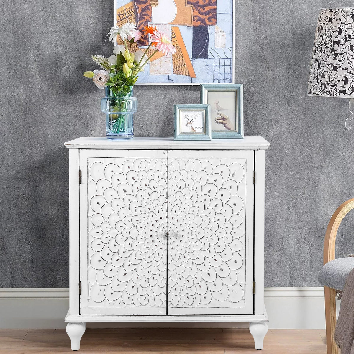 2-Door Retro Storage Cabinet with Carved Finch Feather Pattern White A99397