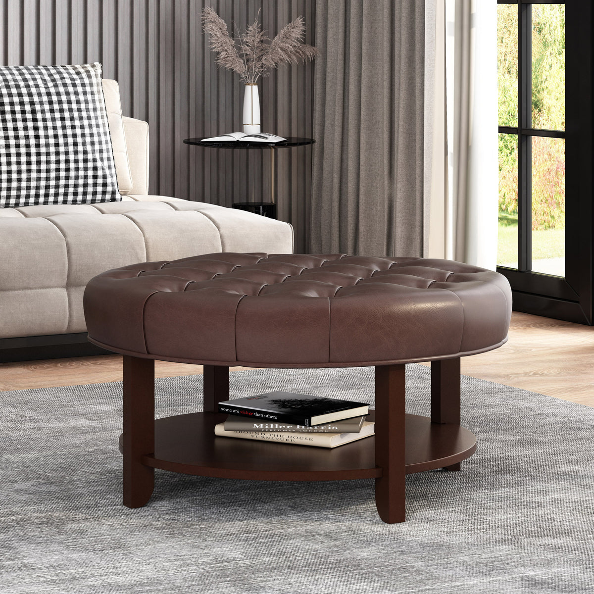 Dark Brown Espresso Faux Leather Tufted Round Ottoman with Open Shelf X3025