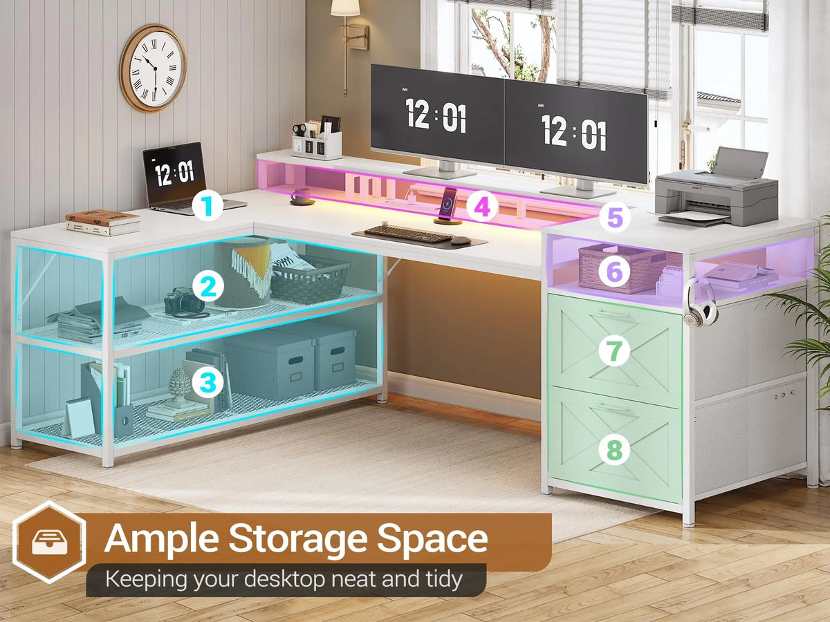 L Shaped Desk with Power Outlet and 2 Drawers, White J113