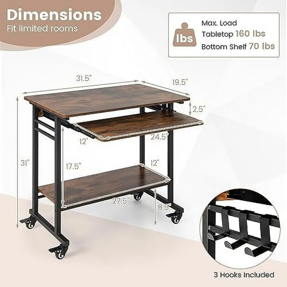 Rolling Computer Desk with Keyboard Tray and 3 Hooks H4681