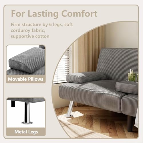 Green Corduroy Futon Sofa Bed with 2 Cup Holders A149
