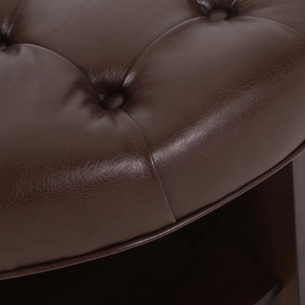 Dark Brown Espresso Faux Leather Tufted Round Ottoman with Open Shelf X3025