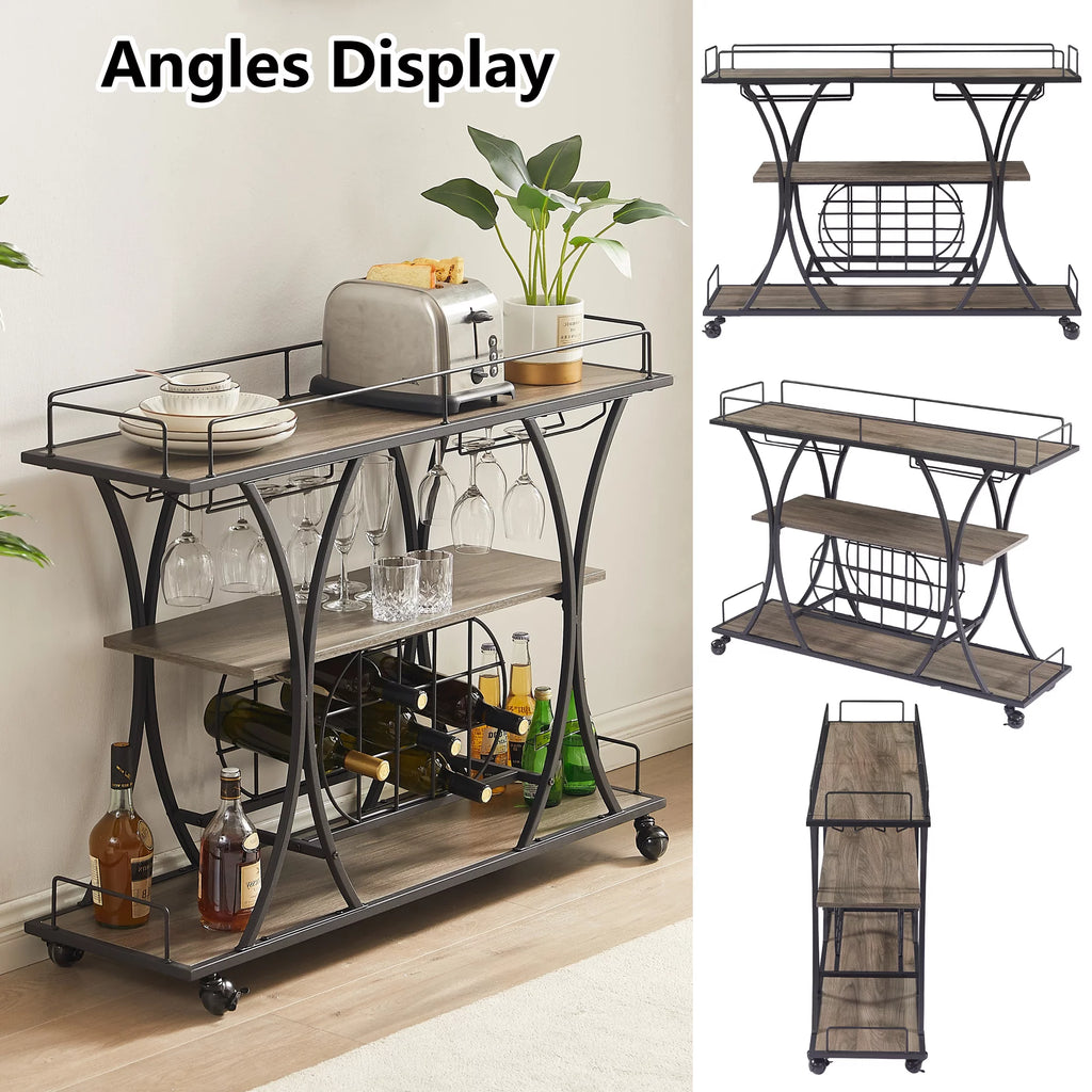 3 Tier Rolling Bar Cart with Wine Rack and Glass Holder Y515986
