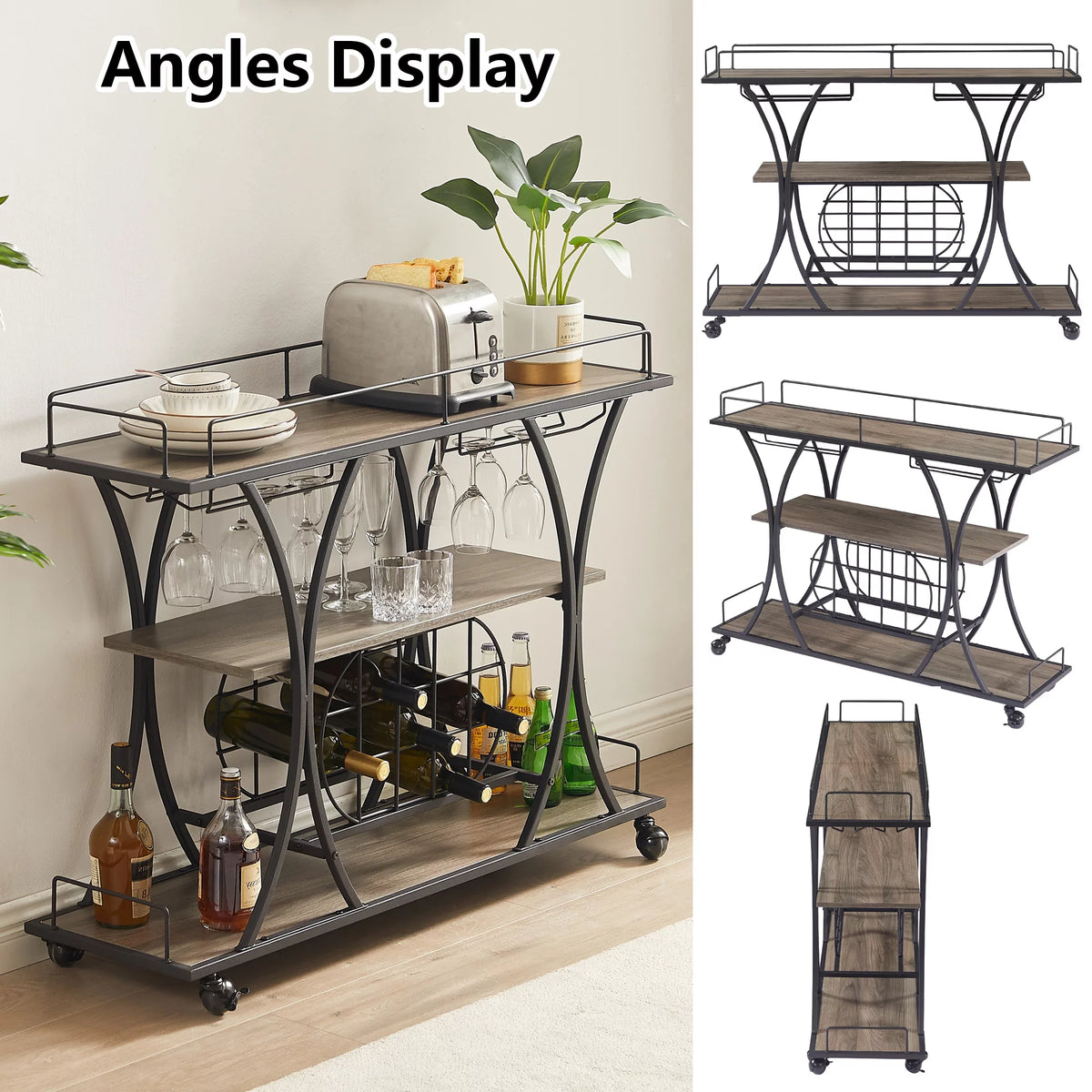 3 Tier Rolling Bar Cart with Wine Rack and Glass Holder Y515986