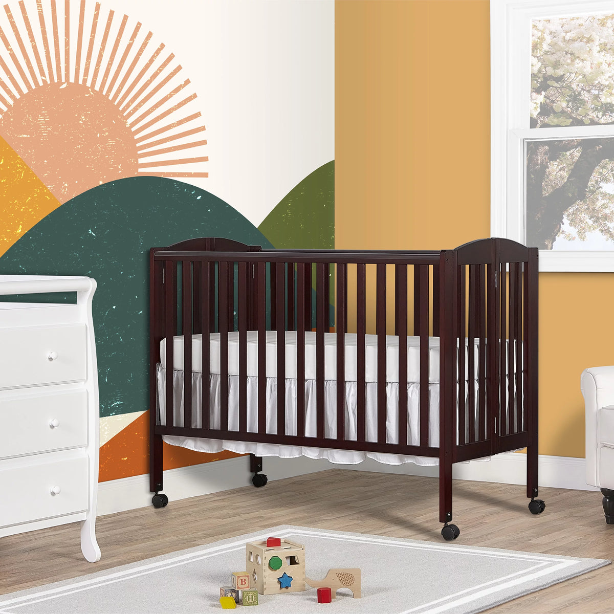 Full Size 2-in-1 Folding Stationary Side Crib with Locking Wheels, Espresso J2633