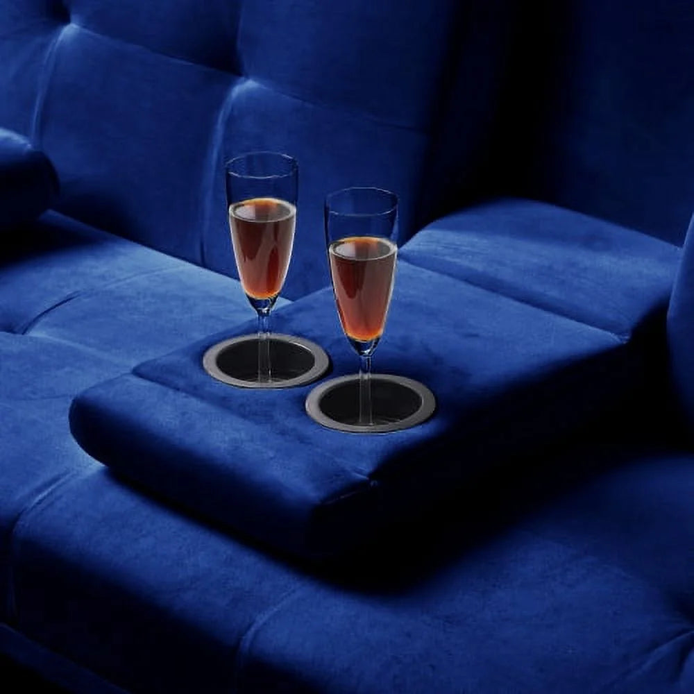 Blue Velvet Convertible Futon Sofa Bed with 2 Cup Holders R6527