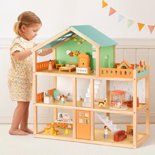 Large Wooden 3-Story Dollhouse with 42 Pcs Furniture T782