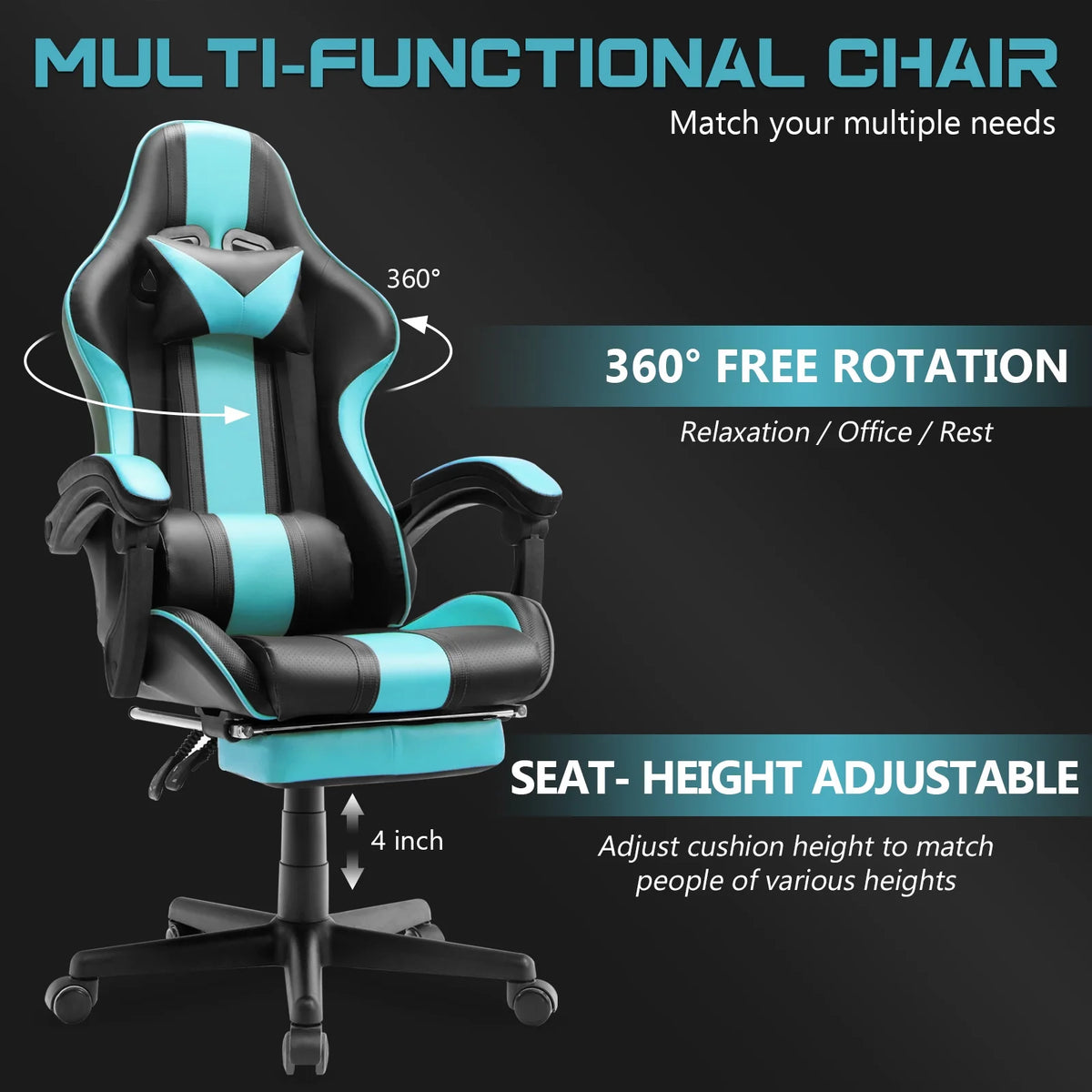 Blue Gaming Chair with Footrest & Massage Lumbar Pillow U258026