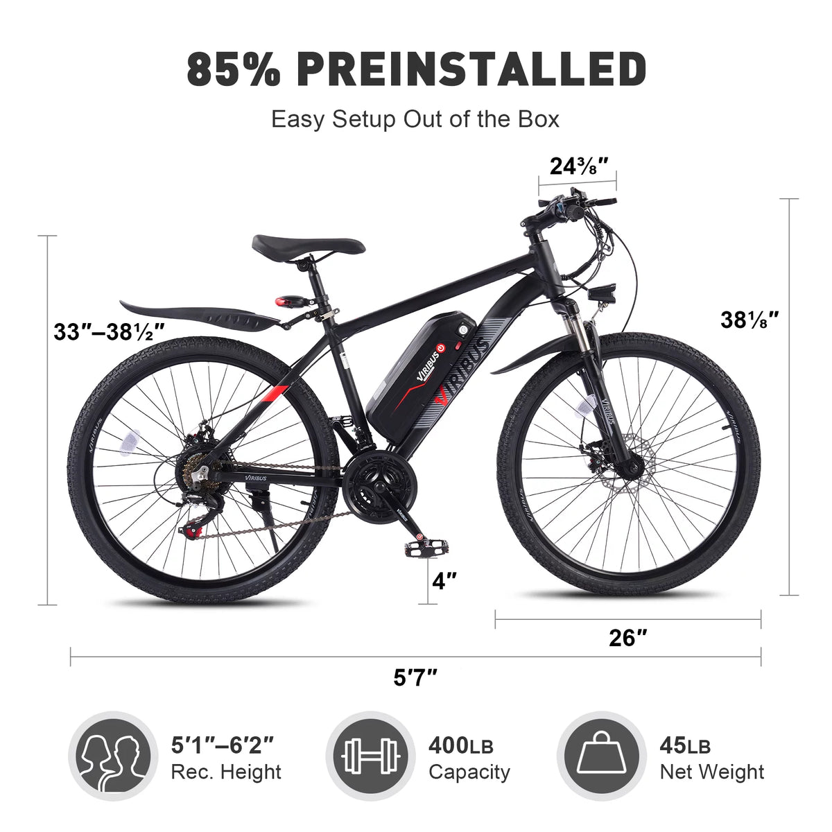Electric Mountain Bicycle 26" 350W 48V Lithium Battery Black B73354