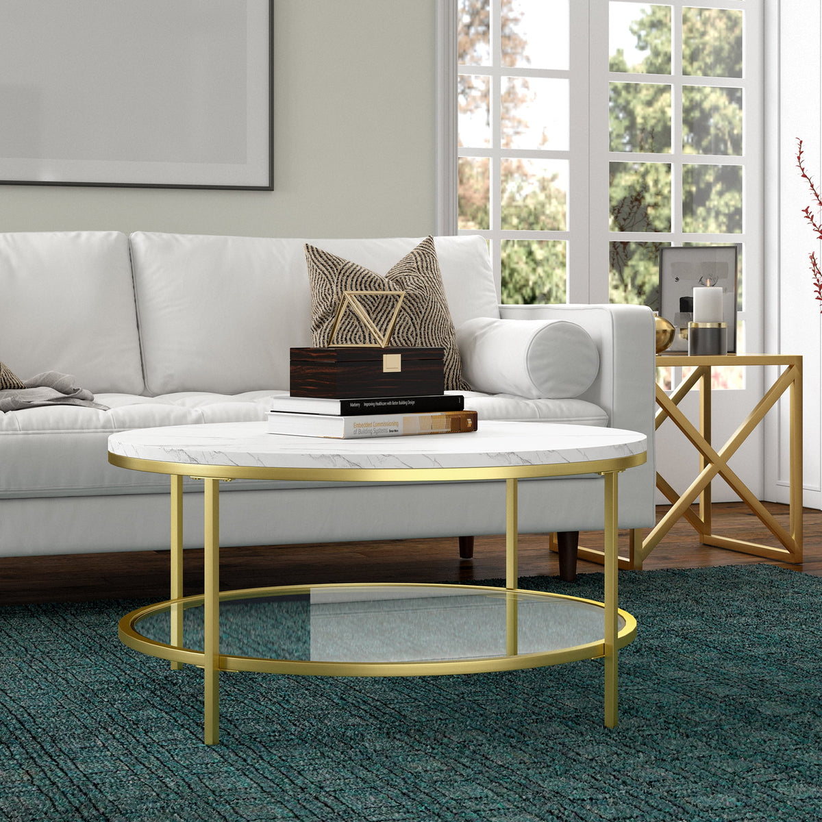 36" Wide Round Coffee Table with Faux Marble Top U651687