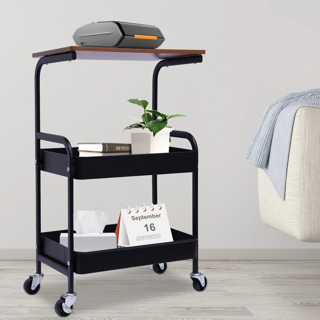 3 Tier Rolling Printer Cart with Wheel (Black+Brown) Q502