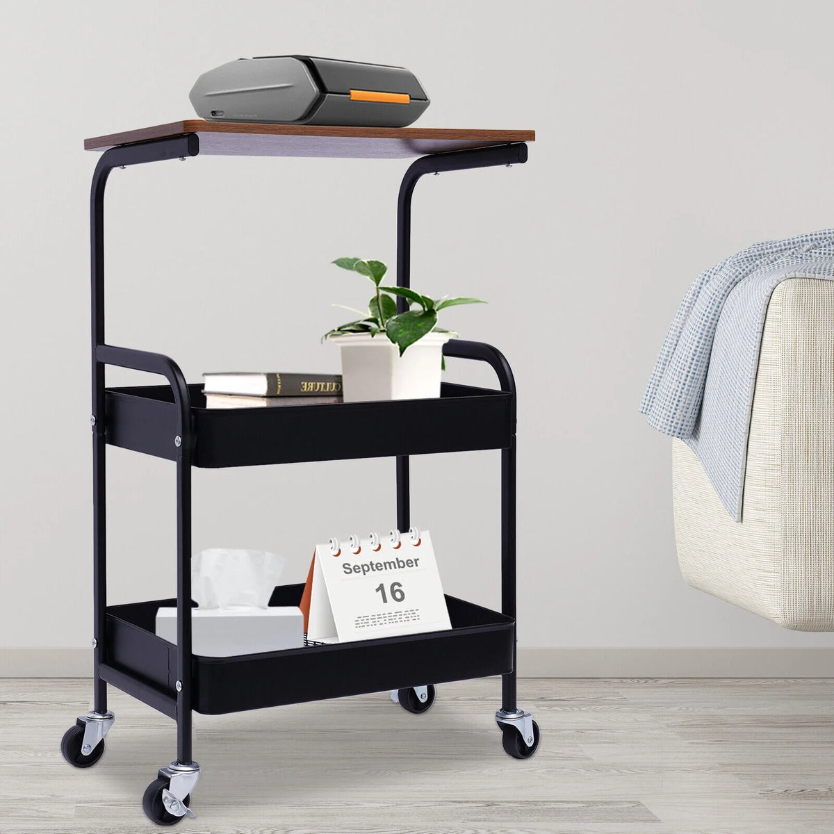 3 Tier Rolling Printer Cart with Wheel (Black+Brown) Q502