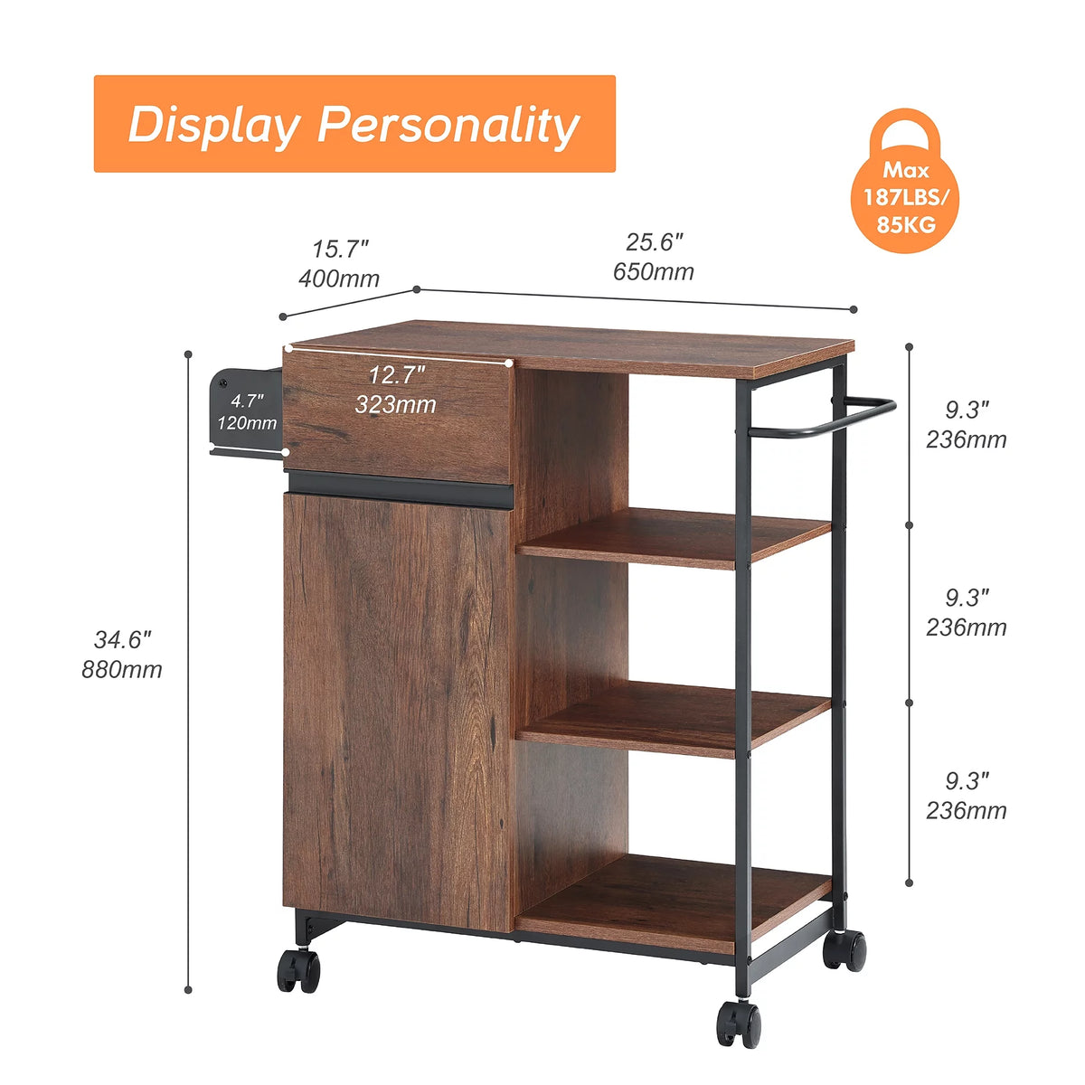 Kitchen Island on Wheels with Open Shelf D982