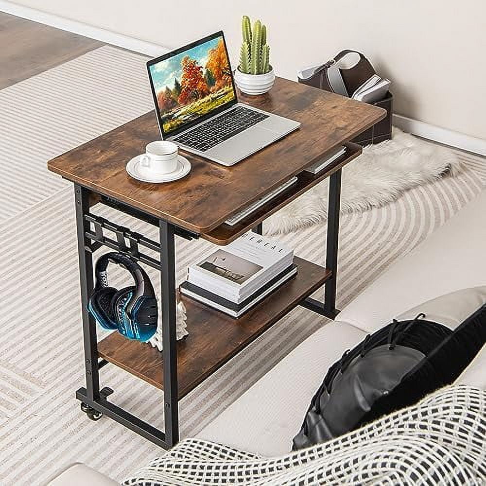 Rolling Computer Desk with Keyboard Tray and 3 Hooks H4681