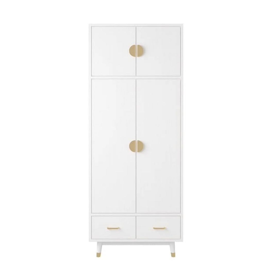 4 Door Wood Wardrobe with Clothing Rod and 2 Drawers, White H652987