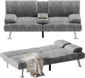 Green Corduroy Futon Sofa Bed with 2 Cup Holders A149