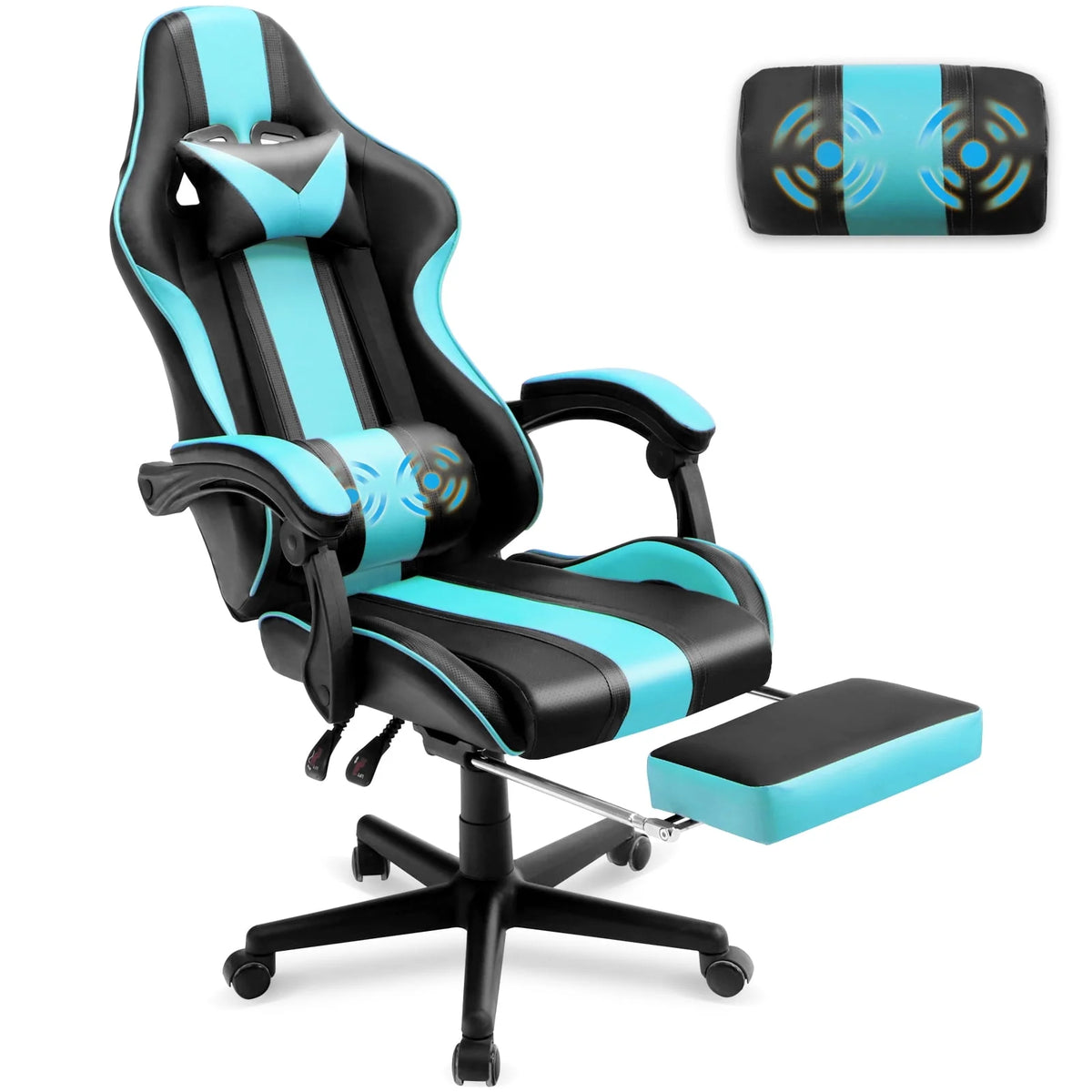 Blue Gaming Chair with Footrest & Massage Lumbar Pillow U258026