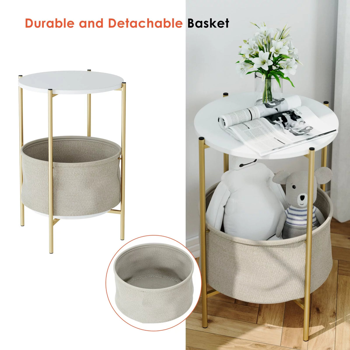 White and Gold Round Nightstand with Storage Pocket R93804