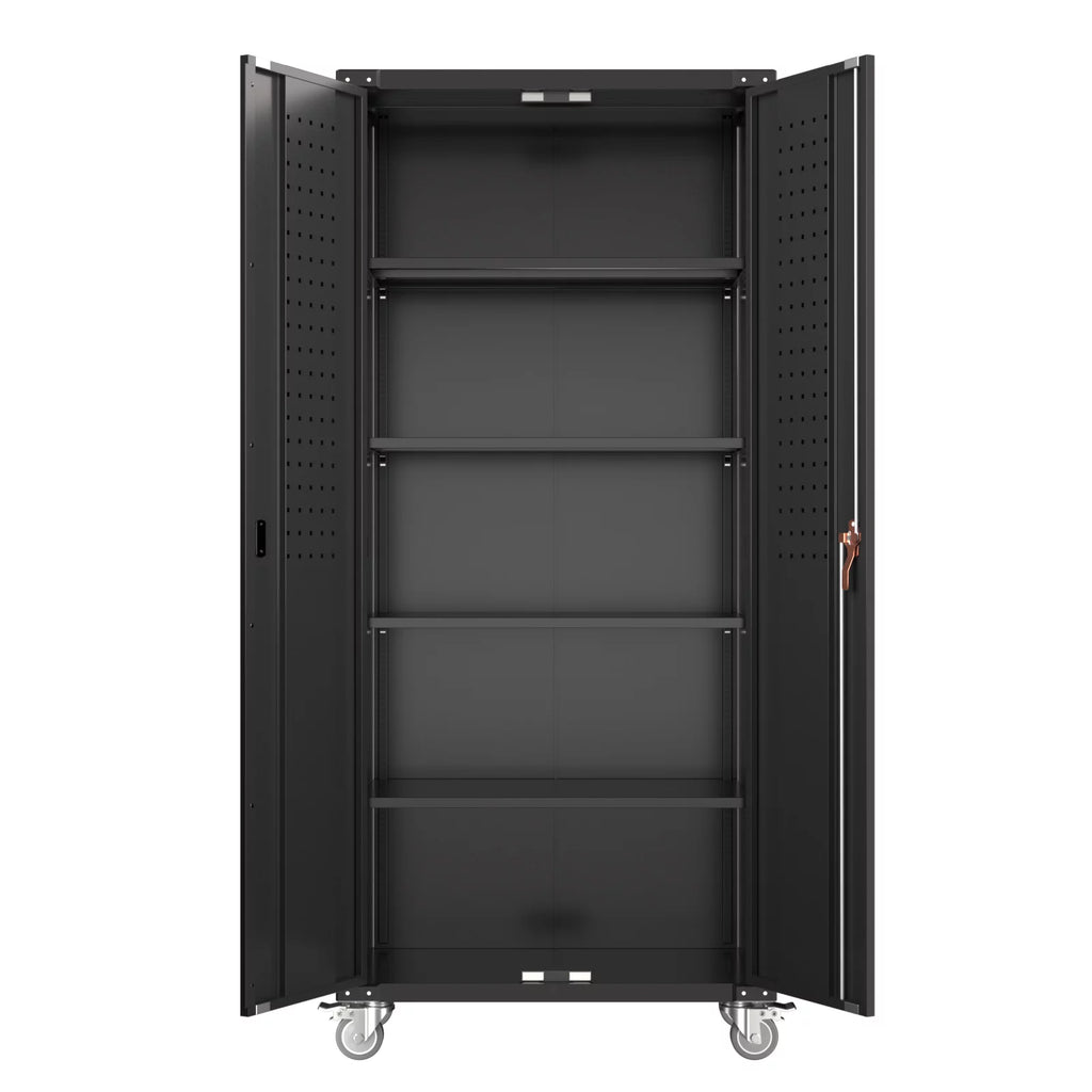 Black Metal Storage Cabinet with Wheels and Pegboard I127