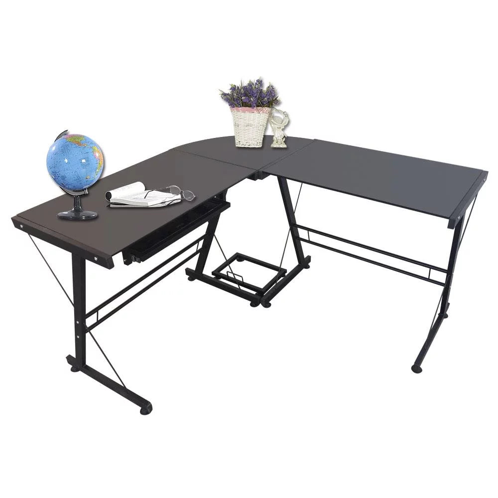 L-Shape Computer Desk with Black Glass E2399