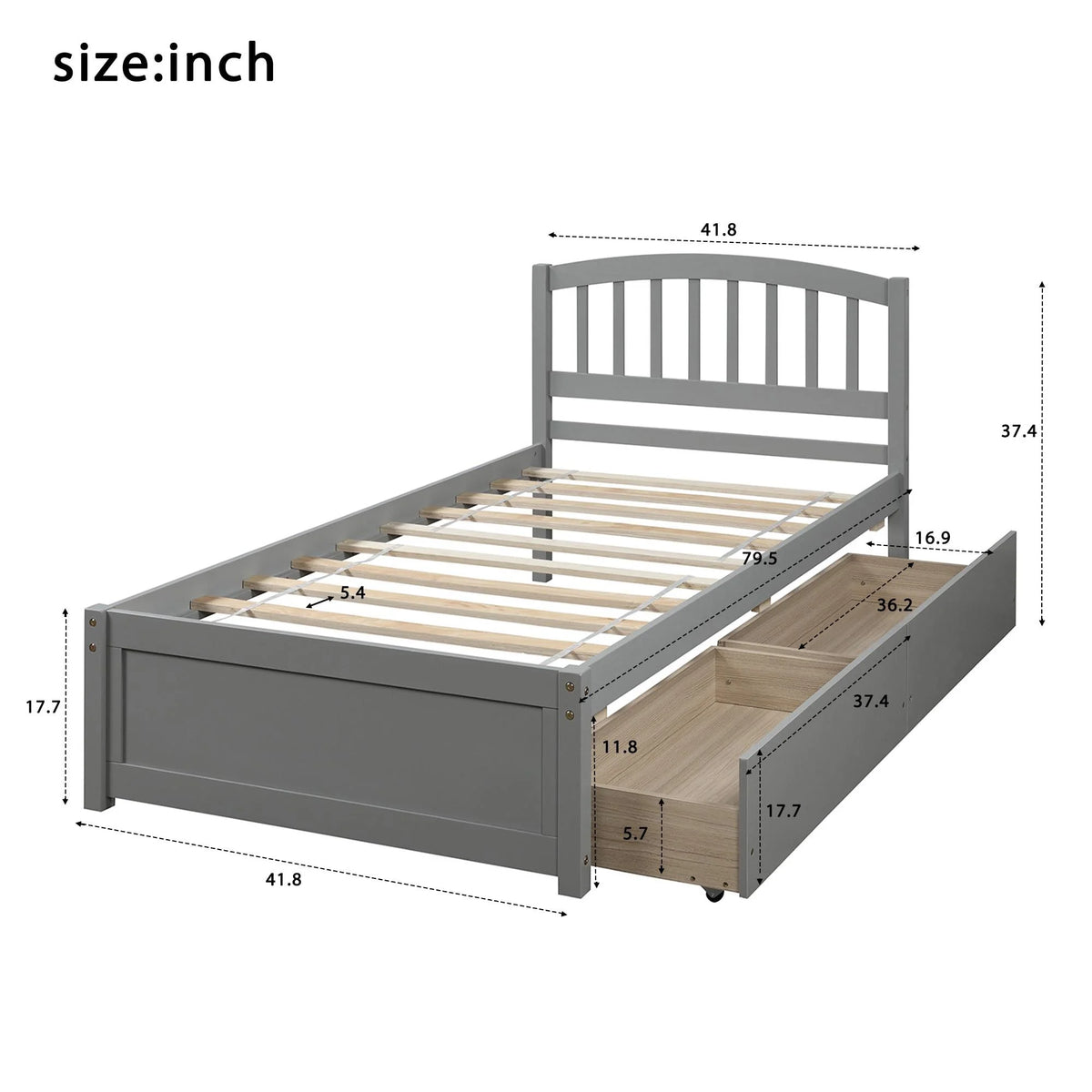 Twin Size Wood Platform Bed with Storage and 2 Drawers J717