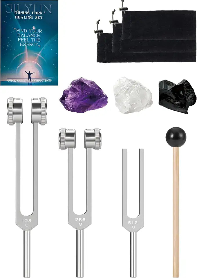128Hz 256Hz 512Hz Weighted Unweighted Tuning Forks with Obsidian Amethyst Clear Quartz Crystals X144