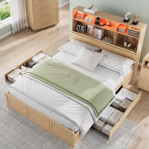 Queen Size Wood Bed Frame with Storage Headboard and 4 Drawers S898