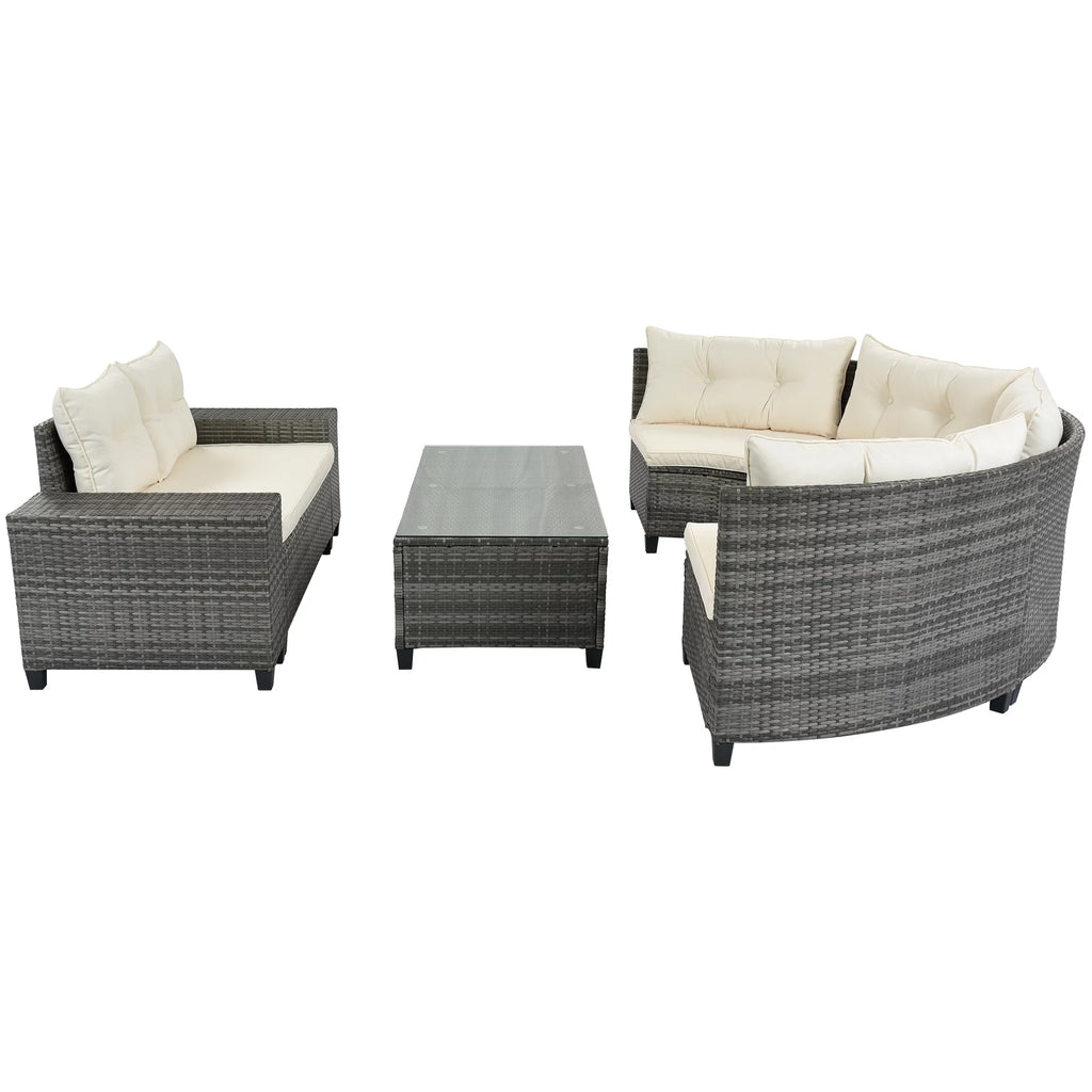 8 Pieces Beige Wicker Sofa Set with Glass Coffee Table Y387