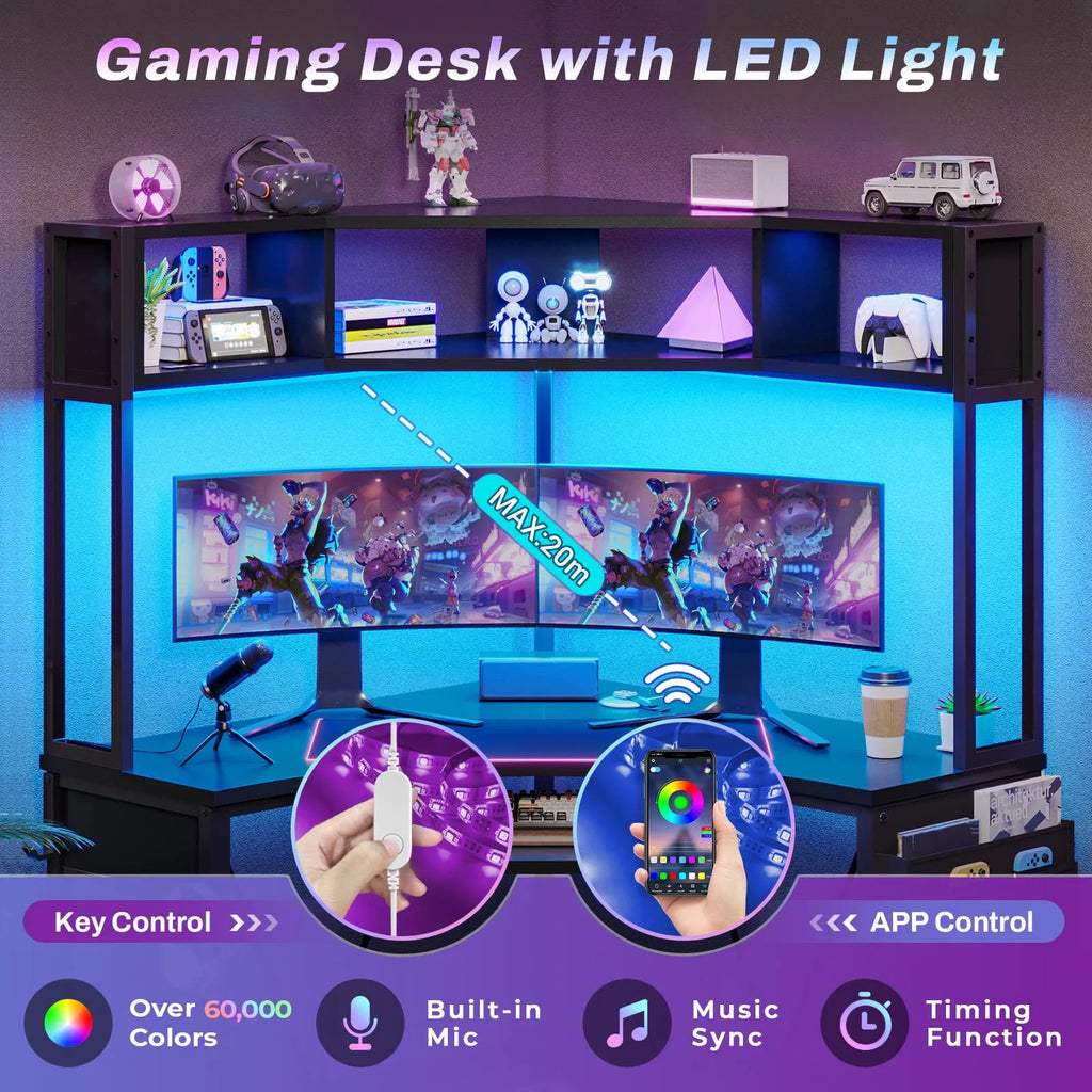Black Corner Desk with Hutch and LED Lights T5916