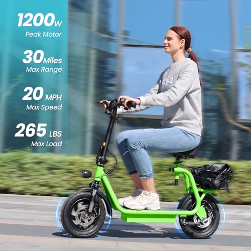 Electric Scooter with Seat, 1200W Motor, 30 Miles Range, Foldable with Basket Y71154