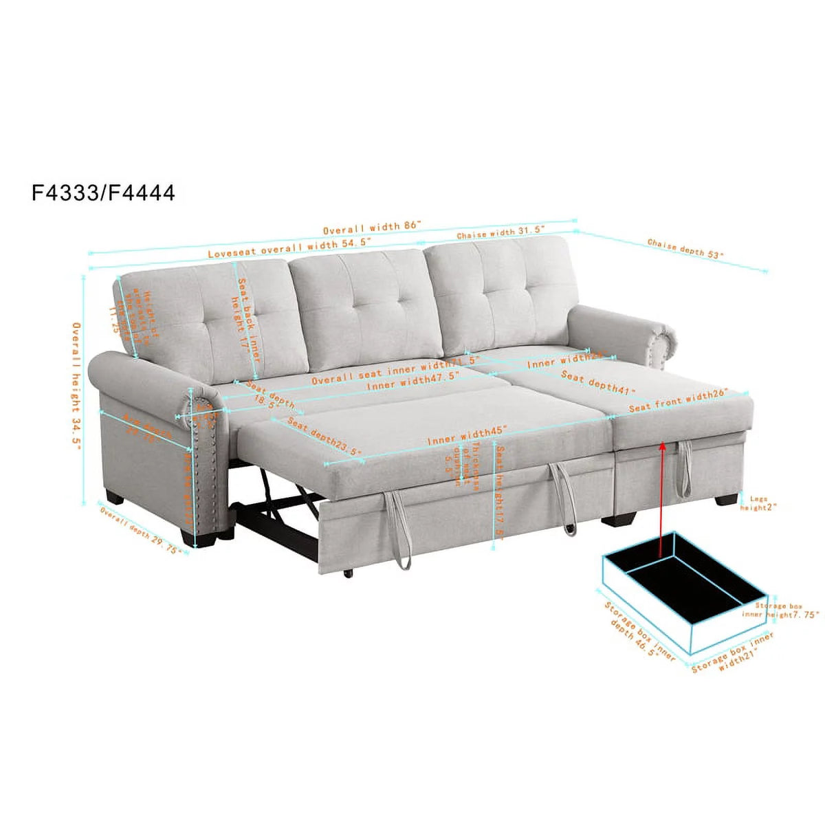 Dark Gray Reversible Fabric Sleeper Sofa with Storage Chaise O805