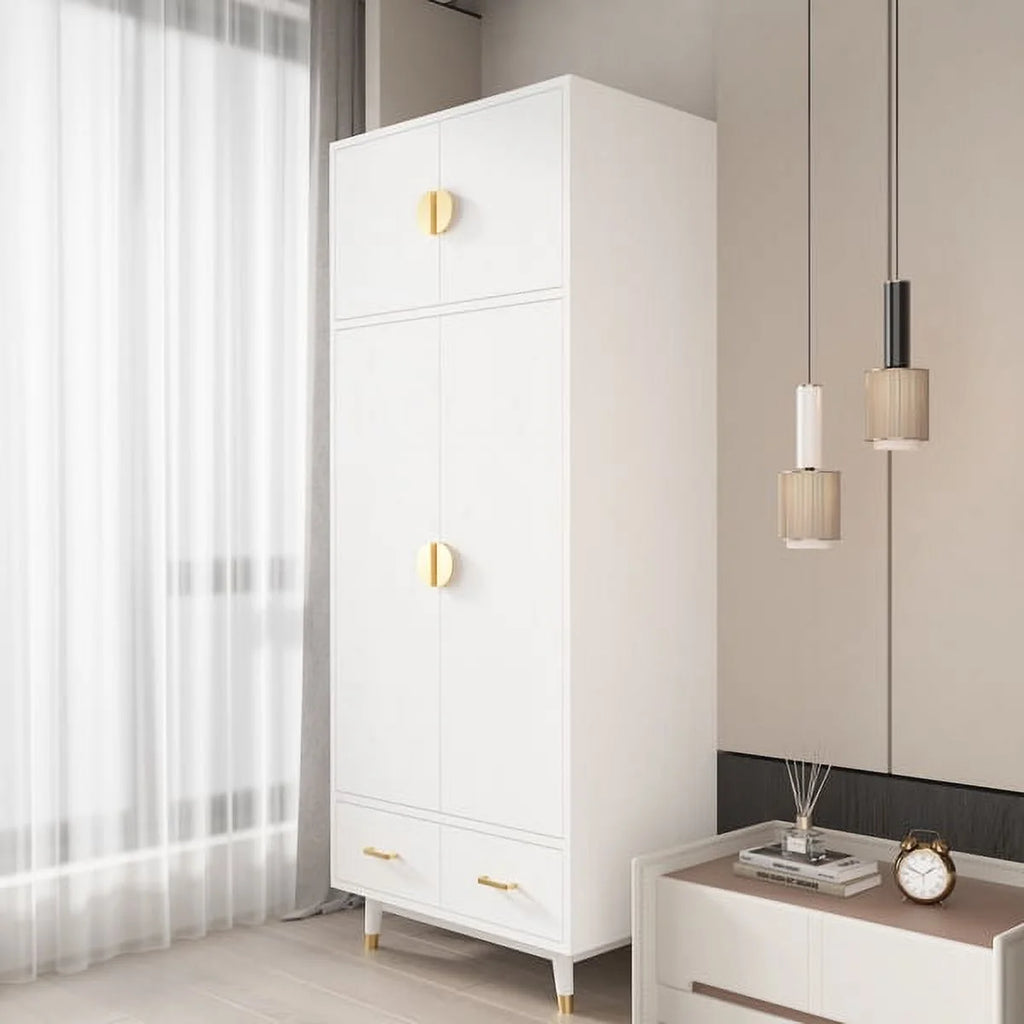 4 Door Wood Wardrobe with Clothing Rod and 2 Drawers, White H652987