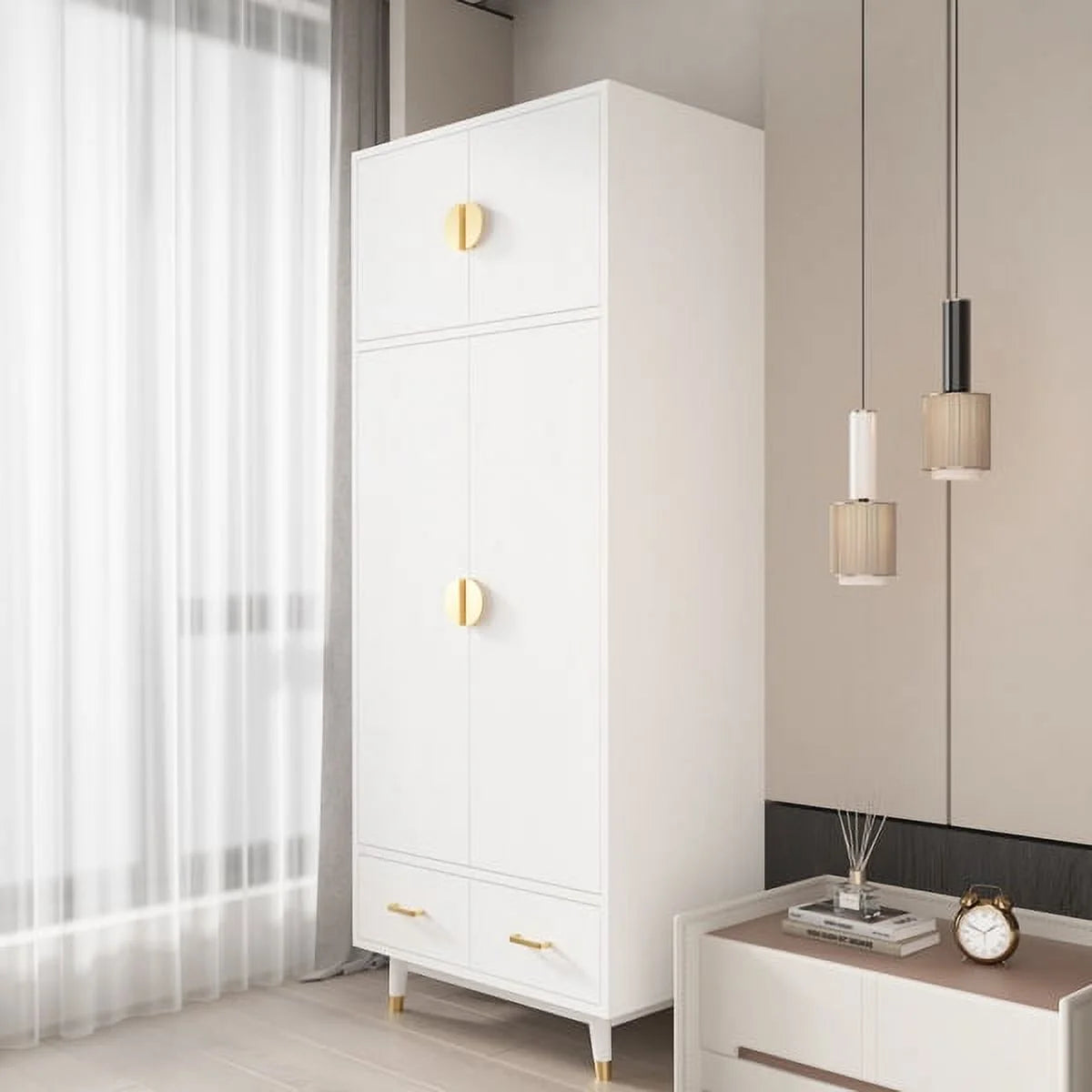 4 Door Wood Wardrobe with Clothing Rod and 2 Drawers, White H652987