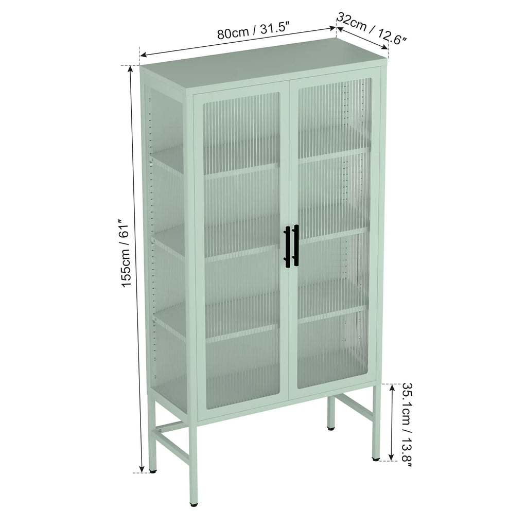 Mint green Double Glass Door Adjustable Shelves Cold-Rolled Steel Storage Cabinet S3617