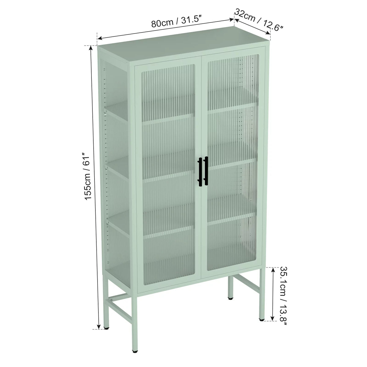 Mint green Double Glass Door Adjustable Shelves Cold-Rolled Steel Storage Cabinet S3617