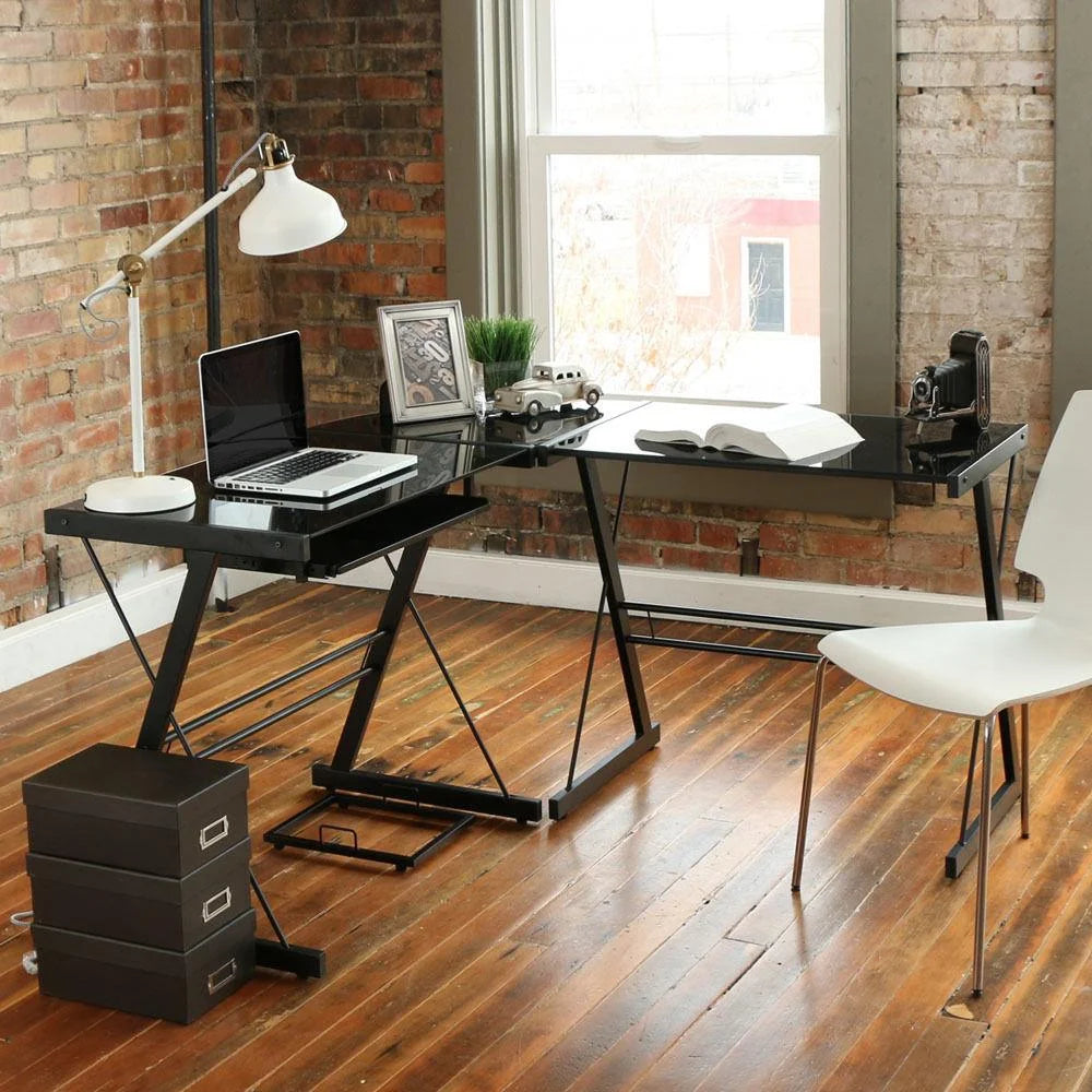L-Shape Computer Desk with Black Glass E2399