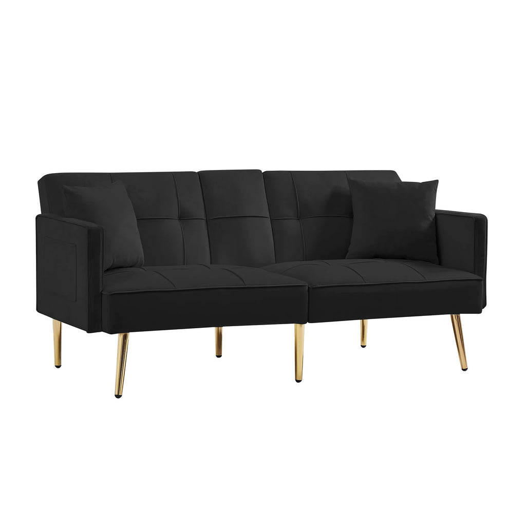 Convertible Sofa Bed with Velvet Fabric and Metal Legs Cream White P445072